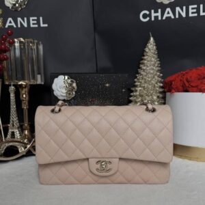 New Chanel Classic 10” Caviar Nude Beige Caviar Microchip Full Set