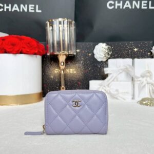 Used Like New Chanel Card Holder Zipper Coin Purse Purple LGHW Microchip Full Set