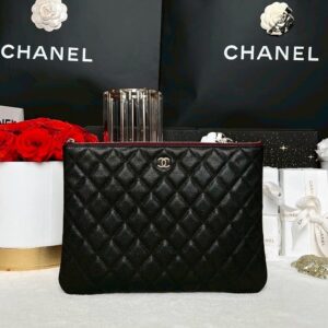 Used Like New Chanel O Case Pouch Medium Black LGHW Microchip Full Set