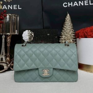 New Chanel Classic 10” Dark Green Caviar Microchip Full Set
