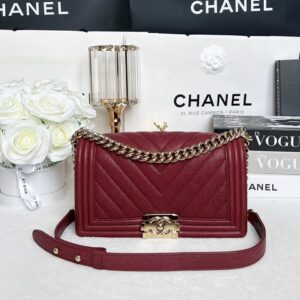 Used Like New Chanel Boy 10 Chevron Burgundy Caviar Holo28 Full Set no receipt