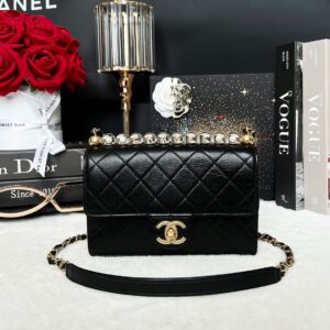 Used in Very Good Condition Chanel Goatskin Quilted Small Chic Pearls Flap Black Holo29 Full Set